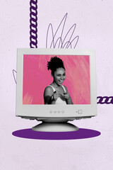 Banner collage of person point fingers in computer monitor with chain on purple background