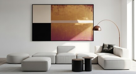 Designer Living Room with Abstract Painting.Modern Lifestyle Home Decor Inspiration,Luxurious Home Setting with Creative Wall Art, Comfortable Living Area with Designer Aesthetic .