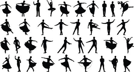 Naklejka premium Silhouette dancers in motion, artistic ballet poses, male and female dancers, contemporary dance silhouettes, expressive movement, group choreography, elegant figures, dramatic 