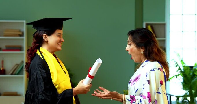 Indian Happy female graduation student with her mother, Indian asian young girl proudly showing graduation degree with gown, hat to senior mom at home while both celebrating success hugging with joy