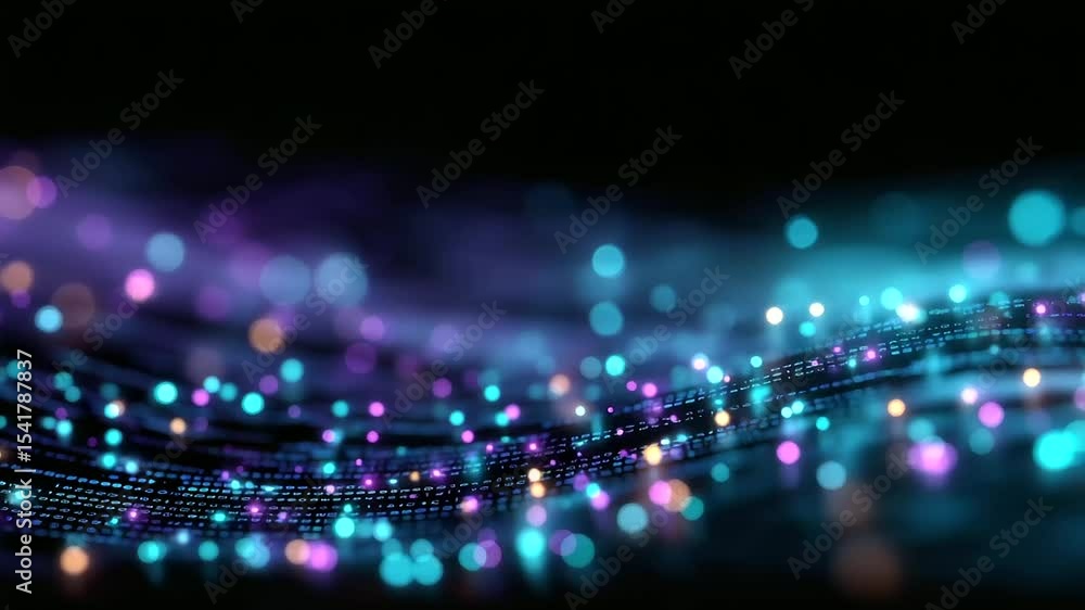 Poster dynamic display of entangled qubits in vibrant purple and teal against a digital black backdrop.