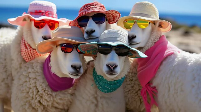 sheep wearing colorful hats and sunglasses walk together in a field, funny and playful mood, moving group of animals, vibrant colors, outdoor, no people, cheerful, joyful, unique scene