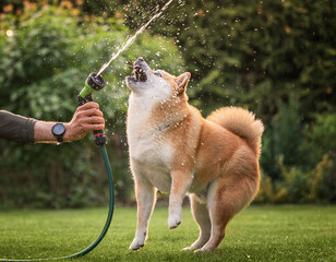 Happy Shiba Inu Dog Playing with Garden Hose Water Spray on Green Lawn