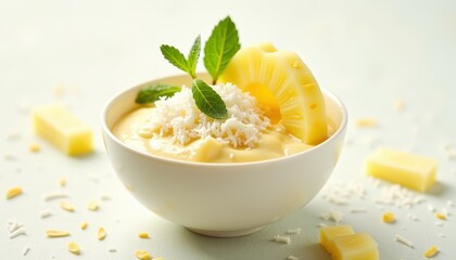 Creamy dessert featuring pineapple, coconut, and mint garnish in a white bowl on light background