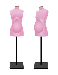 Realistic vector illustration of pregnant tailor mannequins for sewing maternity clothing. Female dress forms with baby bump for fashion design and garment fitting.
