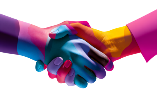 Two hands extend toward each other, engaging in a vibrant handshake