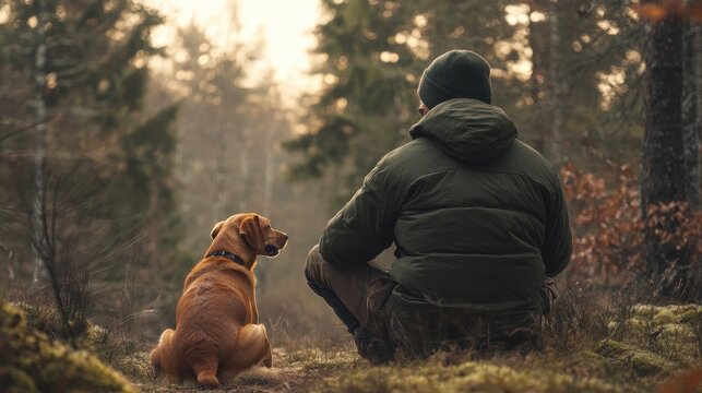 Man Hiking with Dog: Hunter Taking a Rest with Bracke Hound in the Forest
