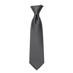 Sleek, dark gray necktie with textured fabric and precise knot.