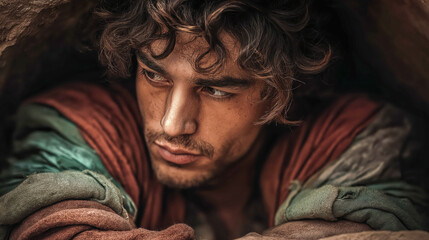 Biblical Joseph trapped in a deep pit, wearing colorful robes, betrayed by his brothers, dramatic lighting and emotional cinematic atmosphere.