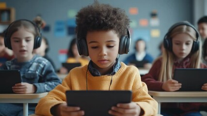 A group of diverse school children is seated at desks, focusing on their tablets while celebrating knowledge day on September 1 at school. - Powered by Adobe