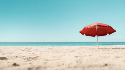 A solitary red umbrella stands on a peaceful beach, symbolizing relaxation and leisure against a clear blue sky and tranquil ocean, inviting serenity and escape.