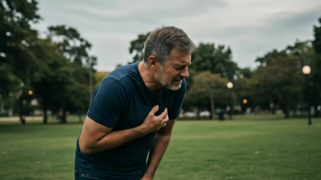 Middle aged man experiencing severe chest pain outdoors in a park possibly having a heart attack