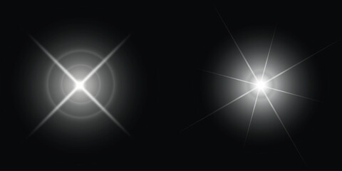two abstract visual effects of light on a dark background: on the left - a cross-shaped beam with a soft halo, on the right - a star-shaped flash with branched rays.