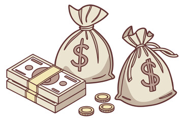 Financial Abundance Illustrated Stacks of Cash, Money Bags, and Loose Coins Depicting Wealth and Prosperity