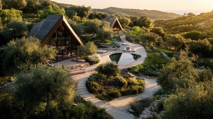 Naklejka premium Bird's eye view of a flat 40-acre lush olive tree grove on the Greek island of Zakynthos, showcasing a harmonious arrangement of different-sized A-frame log houses with large glass windows 