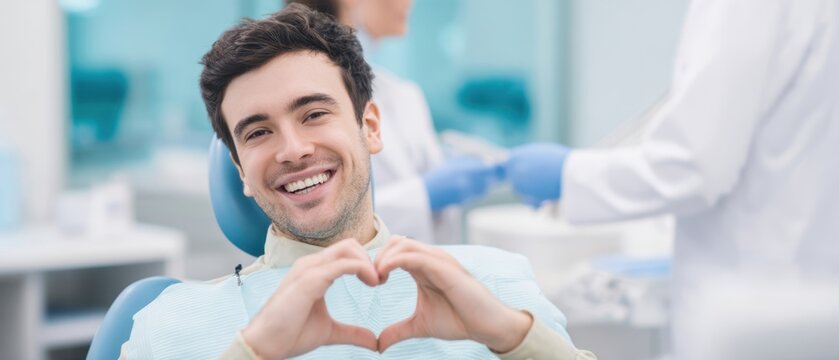 The smiling patient making a heart shape in a dental clinic setting.