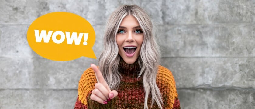 Woman expressing amazement against a textured wall