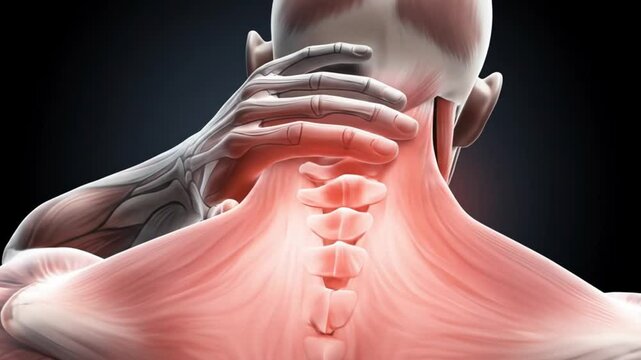 Medical animation showing spine and muscle anatomy with neck pain illustration in multiple frames