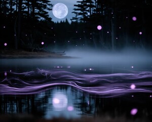 Obraz premium Misty lake at night under a full moon