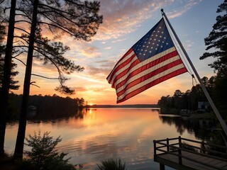 Patriotic Crowd Watching Fireworks with American Flags on Independence Day Celebration in the USA at Nigh
