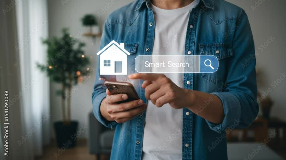 Poster Man using smartphone with smart search technology interface for home search indoors