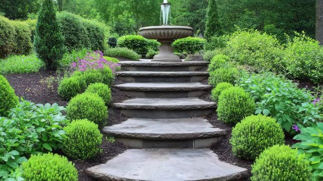 Elegant garden stairway with symmetrical planting on each step, leading to a fountain with stone rim