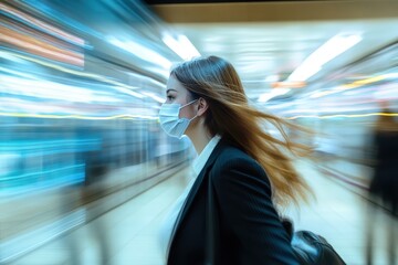 Mask Subway: Caucasian Businesswoman in Face Mask on Public Transport. Rush Hour Travel Concept