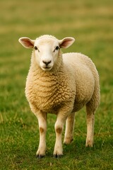 Portrait of a sheep standing on green pasture
