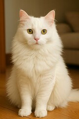 Obraz premium Elegant white domestic cat sitting indoors