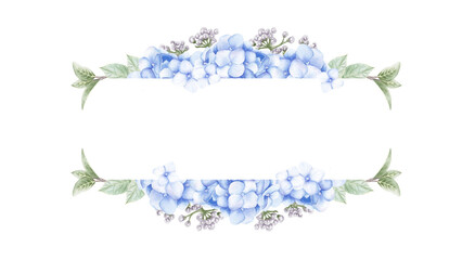 Template with purple hydrangea flowers, leaves and buds. Watercolor hand drawn illustration isolated on white background