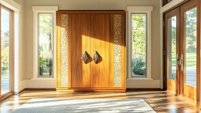 Entry hall with tall armoire, inlaid wood doors, sculptural handles, and natural light from sidelights