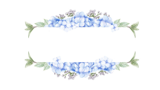 Template with purple hydrangea flowers, leaves and buds. Watercolor hand drawn illustration isolated on white background - Powered by Adobe