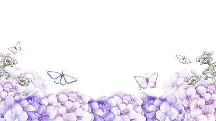 Frame with pink and purple hydrangea flowers, buds and butterflies. Watercolor hand drawn illustration isolated on white background.