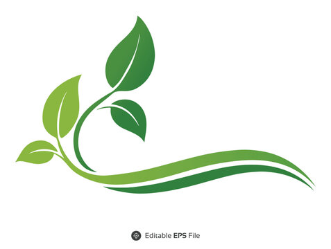 Green Leaf Sprig with Double Wave Abstract Design Element green leaves wave design