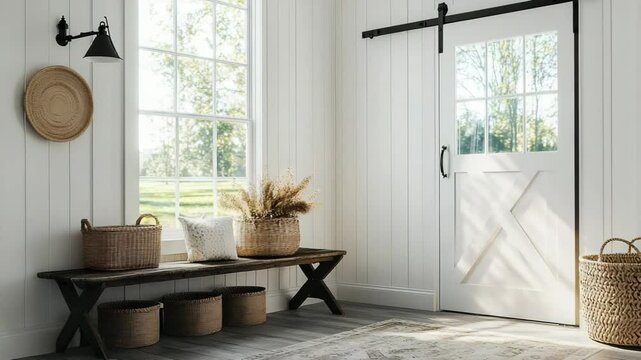 Farmhouse entryway with sliding barn door, antique bench, woven baskets and bright daylight pouring through sidelights
