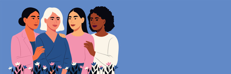 Vector horizontal banner with space for text for women's day, women of different cultures and nationalities standing together, showing support. Movements for gender equality and women's empowerment