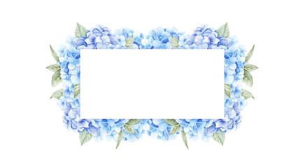 Template with blue and purple hydrangea flowers, leaves and buds. Watercolor hand drawn illustration isolated on white background