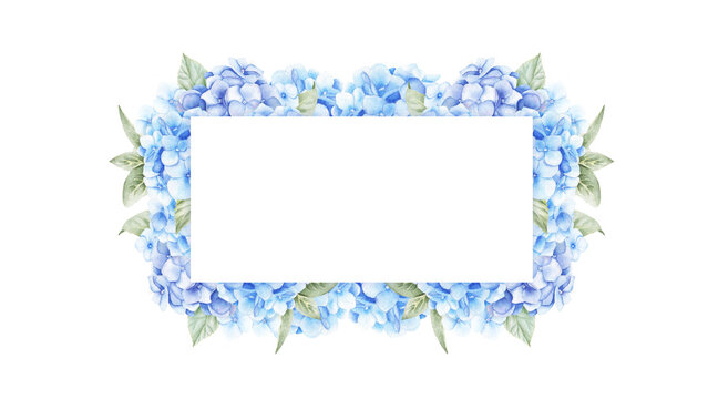 Template with blue and purple hydrangea flowers, leaves and buds. Watercolor hand drawn illustration isolated on white background