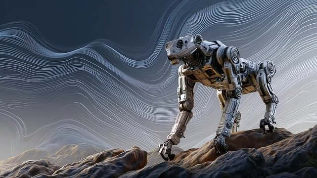 A four-legged robot navigates and maps challenging rocky landscapes for exploration purposes.