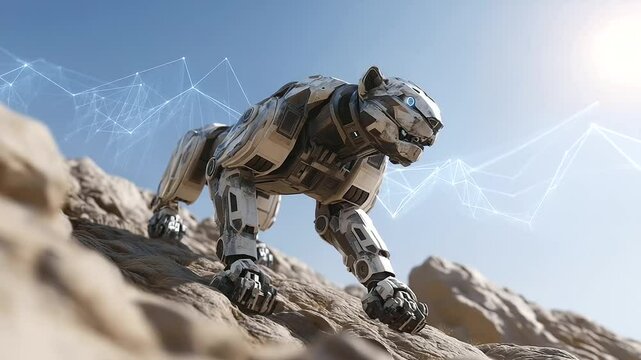 A four-legged robot navigates and maps rugged terrain in real-time exploration.
