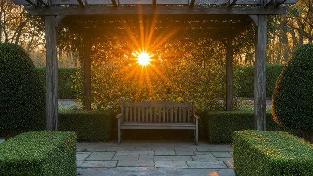 Garden bench under pergola with trailing vines lit by orange evening rays, trimmed boxwoods on both sides