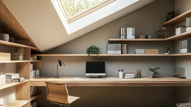 Scandinavian workspace with minimalist desk, skylight above, wooden floor and organized shelves with morning light