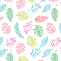 Seamless pattern of exotic leaves on a white background with tropical plants and palm tree illustrations. Ideal for summer decor, textiles, and fashion, it features lush, green foliage 
