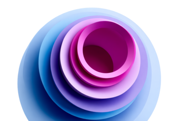 Layered circular shapes in pink and blue create a vibrant design