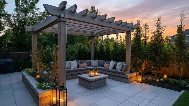 Serene backyard patio with pergola, built-in bench seating, lanterns and gentle light from setting sun