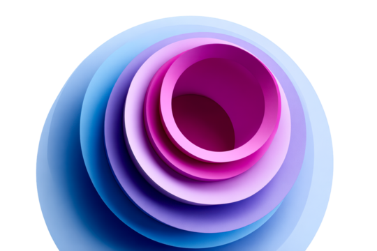 Layered circular shapes in pink and blue create a vibrant design
