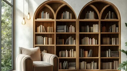 Serene reading nook with arched bookcases plush armchair hanging light and natural daylight streaming through tall window - Powered by Adobe