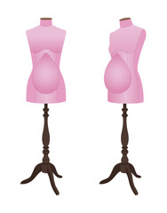 Realistic vector illustration of pregnant tailor mannequins for sewing maternity clothing. Female dress forms with baby bump for fashion design and garment fitting.