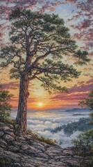 Majestic pine tree atop a misty mountain peak at sunrise