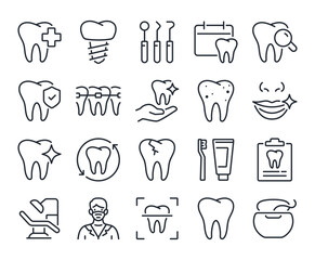 Dental care and stomatology editable stroke outline icons set isolated on white background flat vector illustration. Pixel perfect. 64 x 64